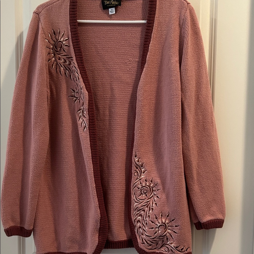 Bob Mackie wearable art Embroidered open Cardigan knit sweater size S pink mauve
